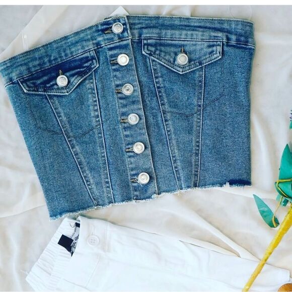 Papermoon Denim Cropped Bandeau Top Size L NWT - Picture 1 of 4